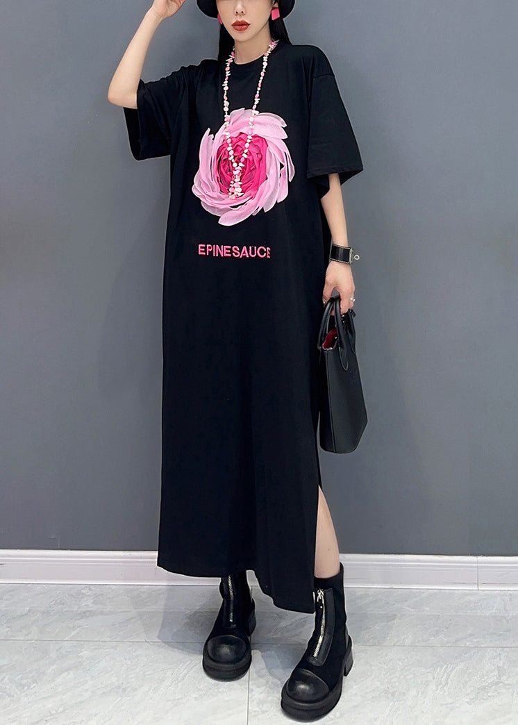 Loose Black O Neck Print Side Open Cotton T Shirt Dresses Summer