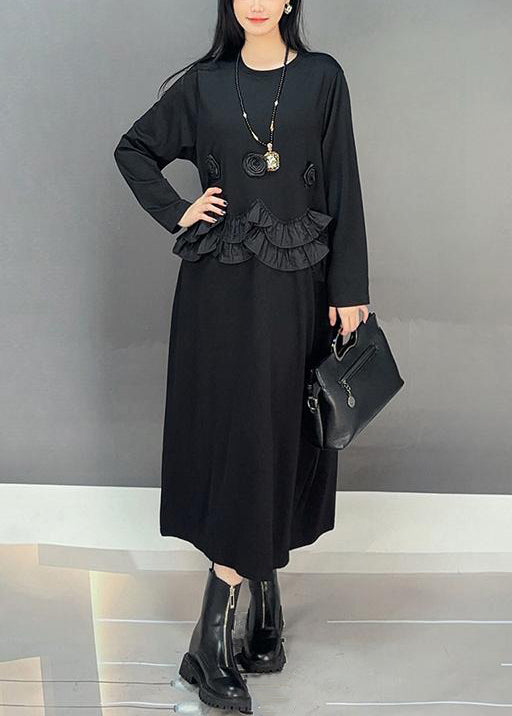 Loose Black O-Neck Ruffled Patchwork Cotton Long Dresses Fall