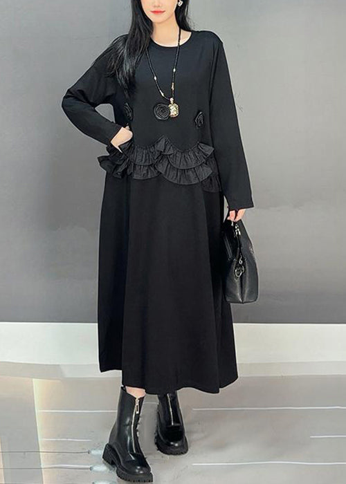 Loose Black O-Neck Ruffled Patchwork Cotton Long Dresses Fall