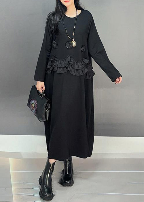 Loose Black O-Neck Ruffled Patchwork Cotton Long Dresses Fall