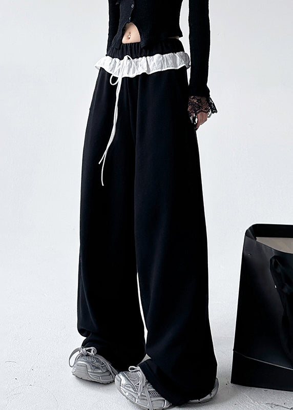 Loose Black Patchwork Tie Waist Straight Pants Spring