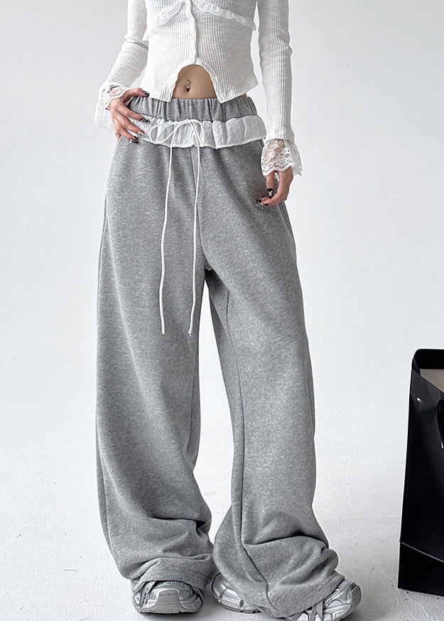 Loose Black Patchwork Tie Waist Straight Pants Spring