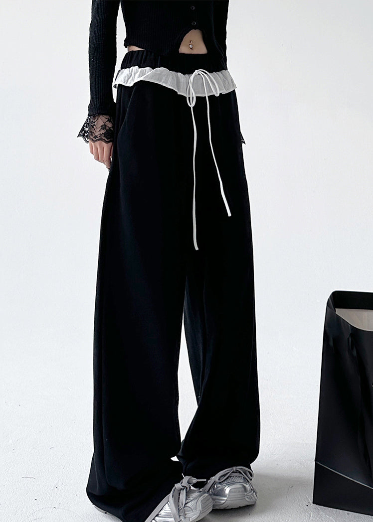 Loose Black Patchwork Tie Waist Straight Pants Spring