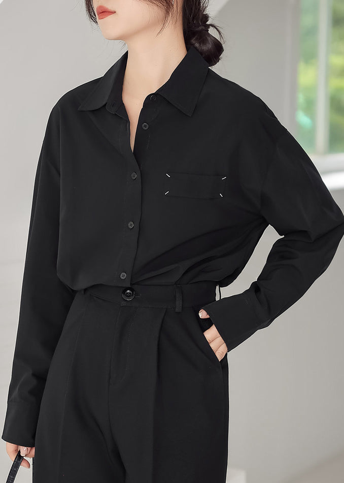 Loose Black Peter Pan Collar Button Patchwork Cotton Shirt Long Sleeve