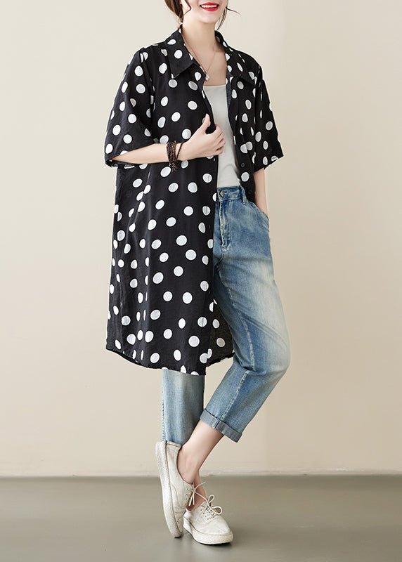 Loose Black Peter Pan Collar Dot Print Cotton Shirts Dress Summer