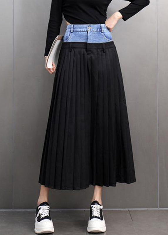 Loose Black Pockets Denim Patchwork High Waist Maxi Skirts Spring