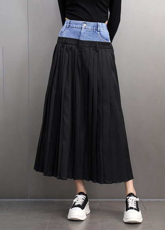 Loose Black Pockets Denim Patchwork High Waist Maxi Skirts Spring