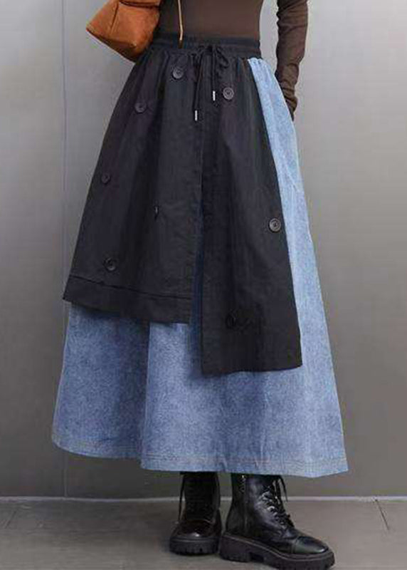 Loose Black Pockets Patchwork Deim A Line Skirts Spring