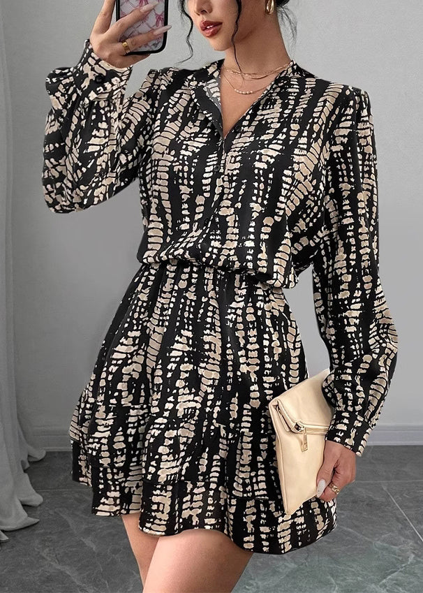 Loose Black Print Button Cotton Mid Dress Spring