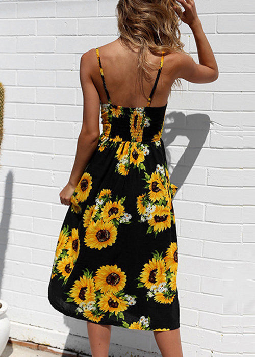 Loose Black Print Button High Waist Cotton Dresses Sleeveless