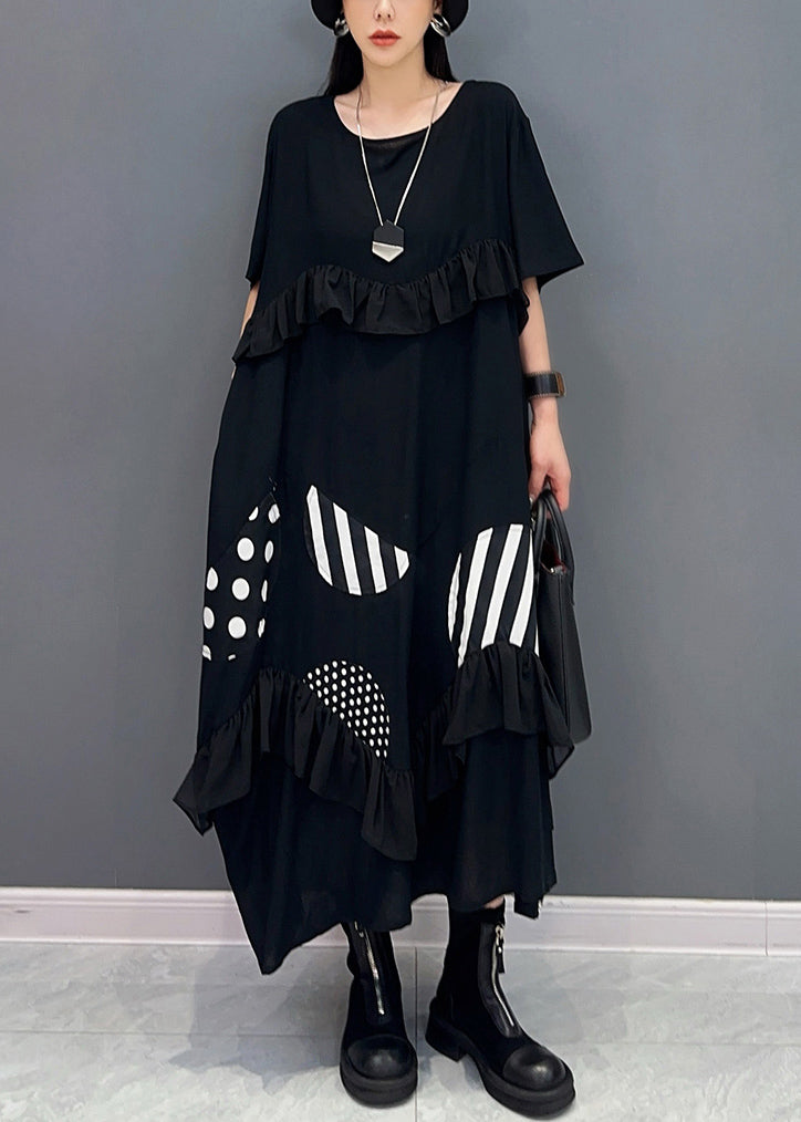 Loose Black Ruffled Print Cotton Long Dresses Summer