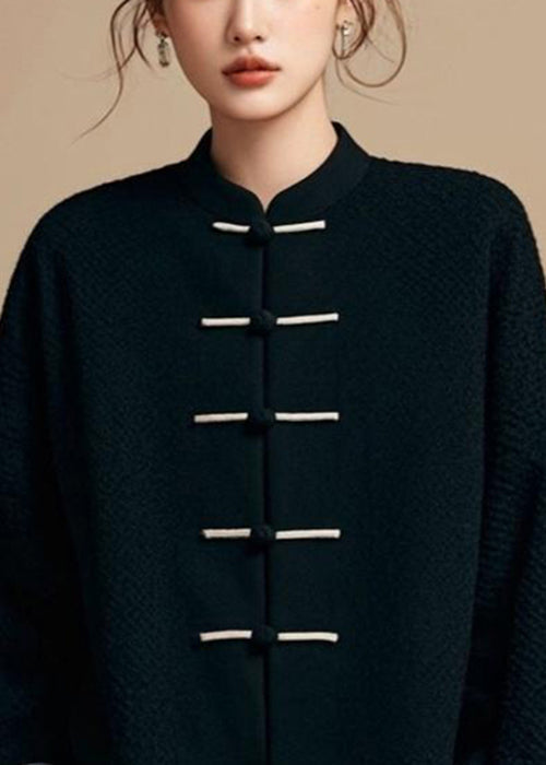 Loose Black Stand Collar Button Solid Cotton Fall Coat