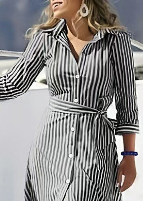 Loose Black Striped Button Tie Waist Cotton Blouses Dresses Bracelet Sleeve