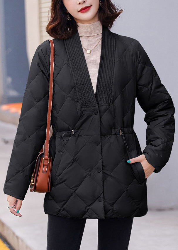 Loose Black V Neck Button Drawstring Parka Winter