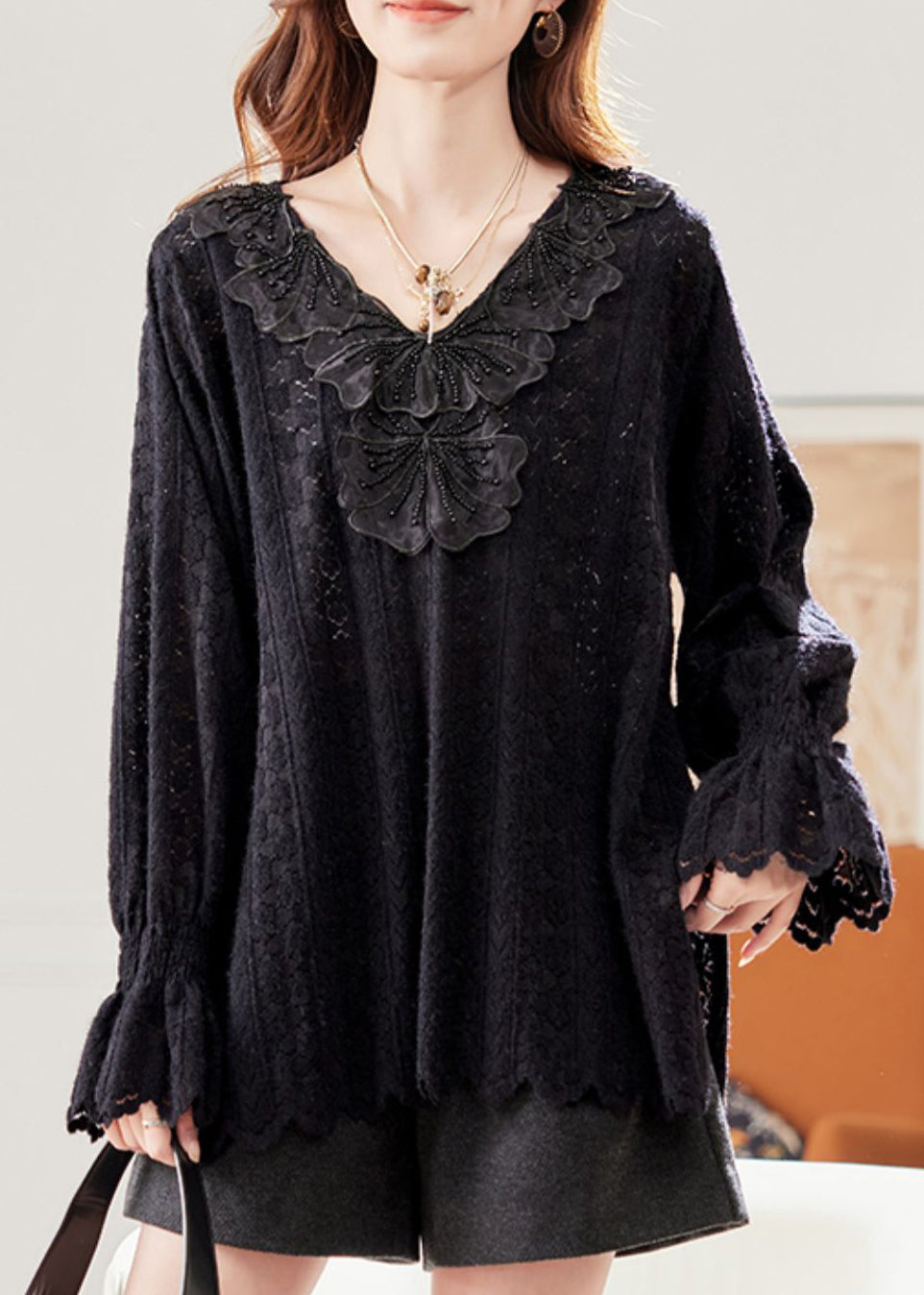 Loose Black V Neck Nail Bead Lace Shirt Flare Sleeve