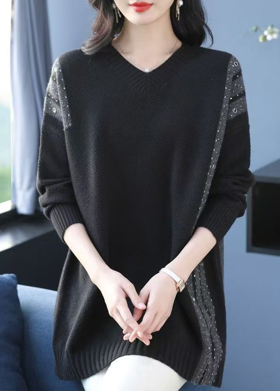 Loose Black V Neck Patchwork Woolen Knit Pullover Spring