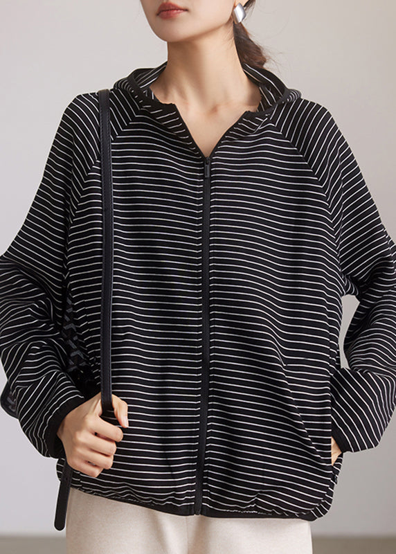 Loose Black Zippered Striped Hooded Coats Spring