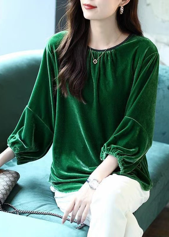 Loose Blackish Green O Neck Solid Silk Velour Tops Spring