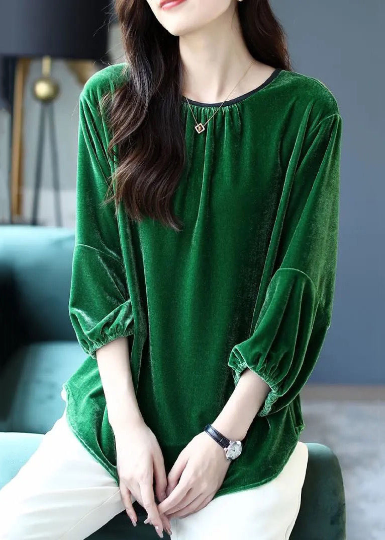 Loose Blackish Green O Neck Solid Silk Velour Tops Spring