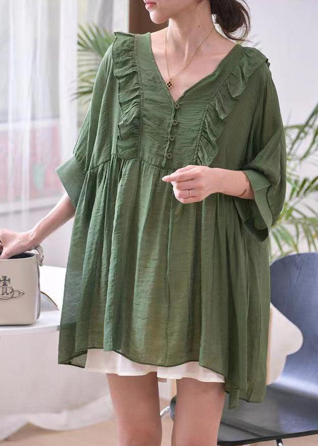 Loose Blackish Green V Neck Ruffled Cotton Shirts Summer