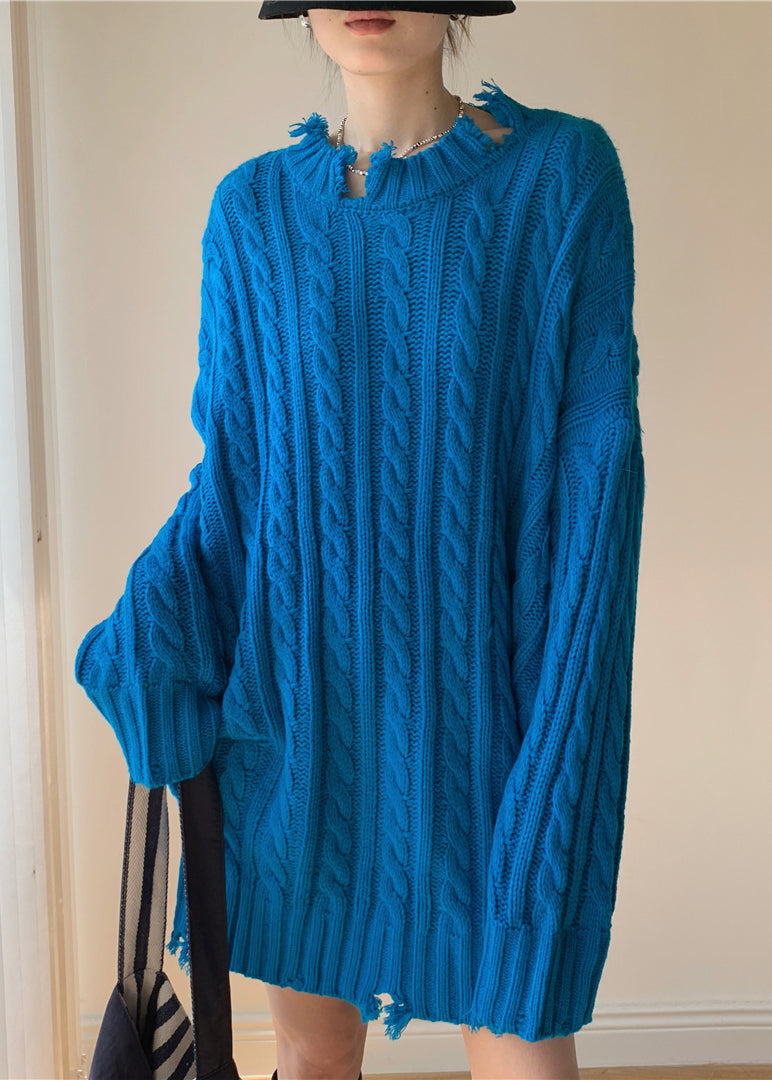 Loose Blue Hole Solid Cable Knit Sweaters Winter