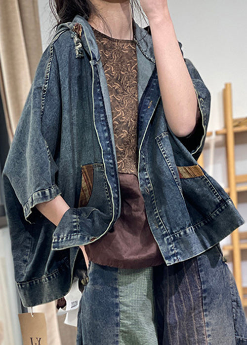 Loose Blue Hooded Button Denim Coats Half Sleeve