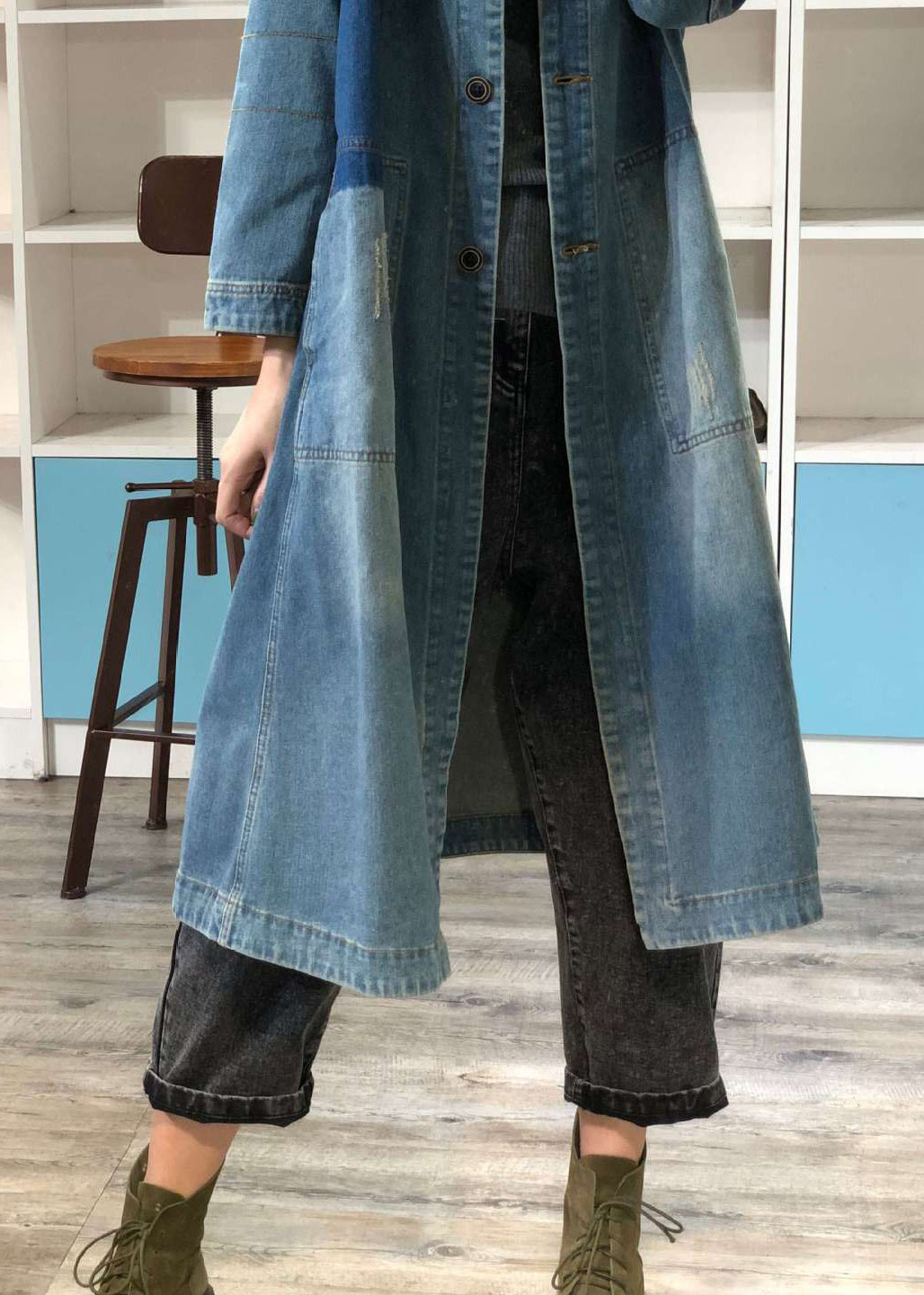 Loose Blue O-Neck Button Patchwork Denim Coat Outwear Fall