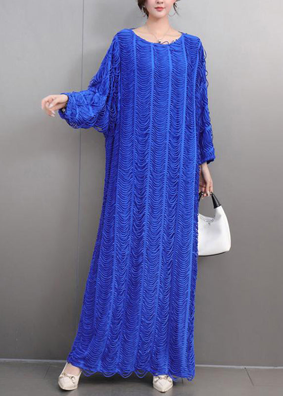 Loose Blue O-Neck Cozy Tassel Long Dress Spring