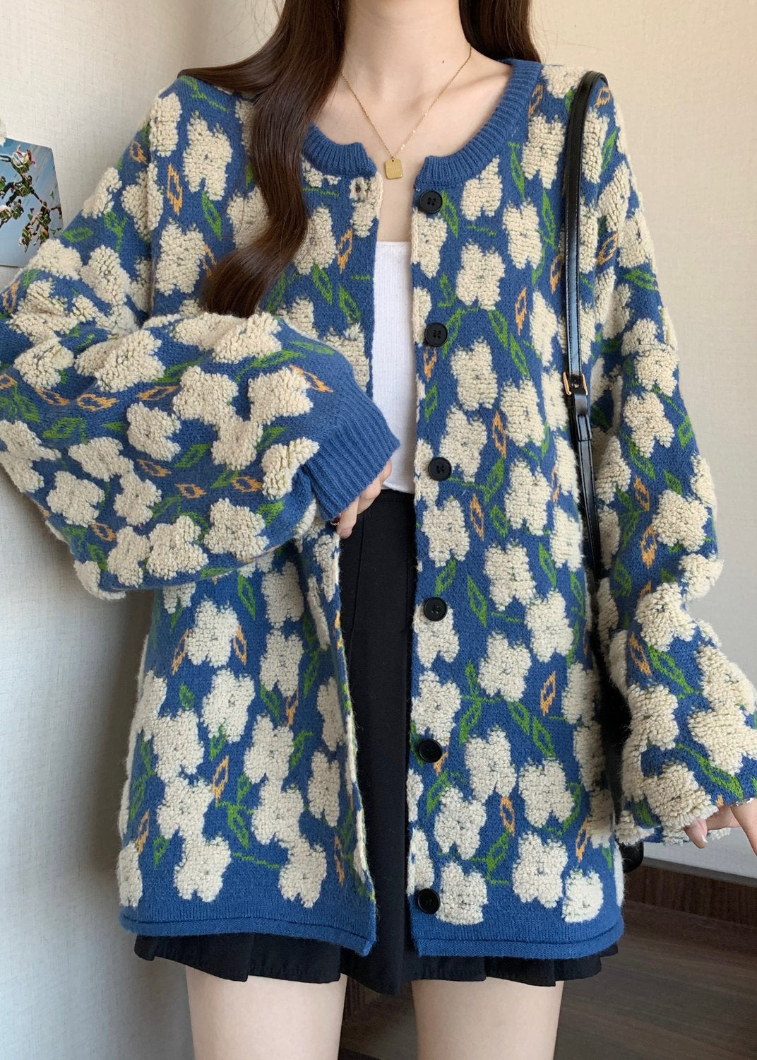 Loose Blue O Neck Jacquard Button Knit Coat Winter