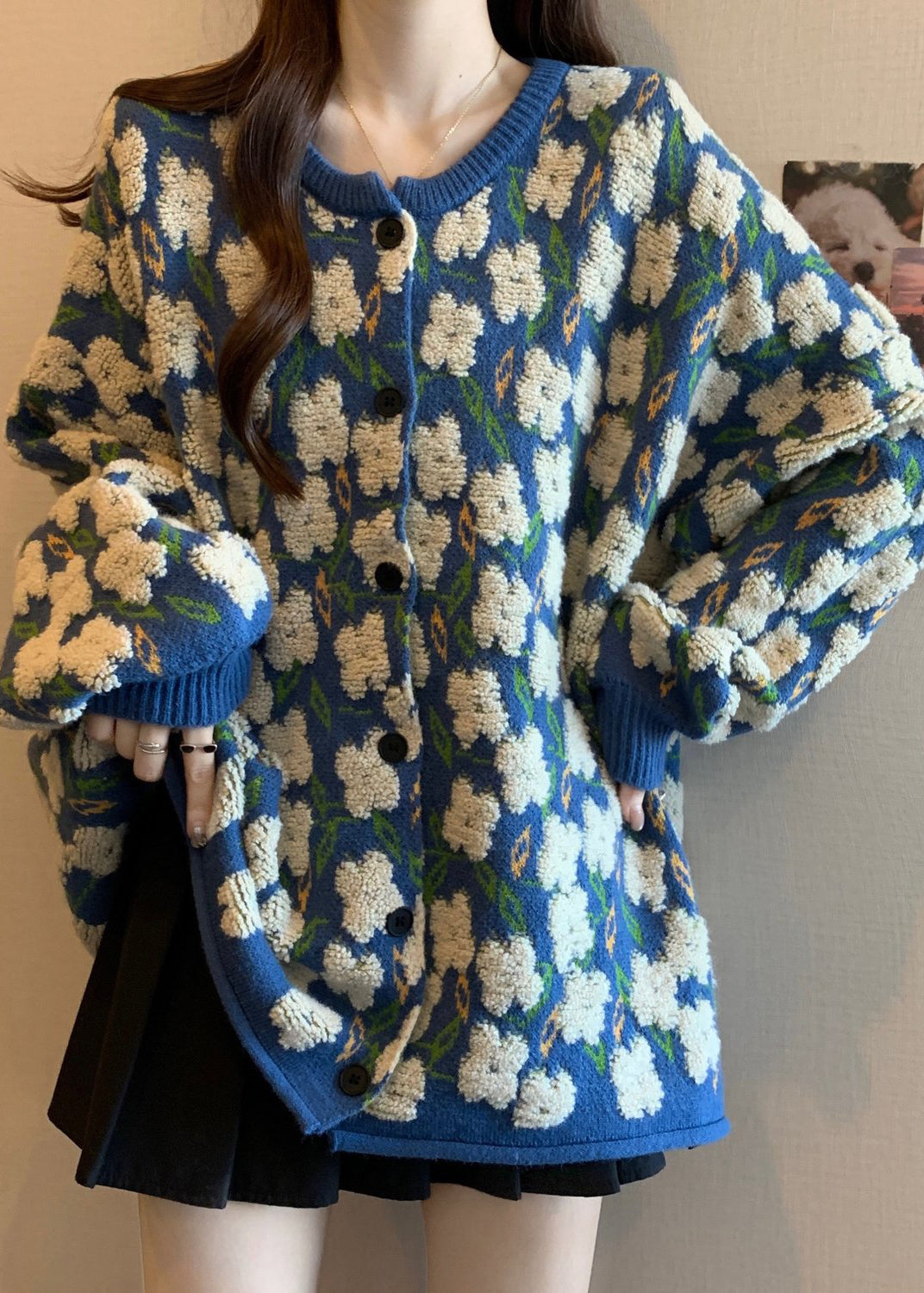 Loose Blue O Neck Jacquard Button Knit Coat Winter