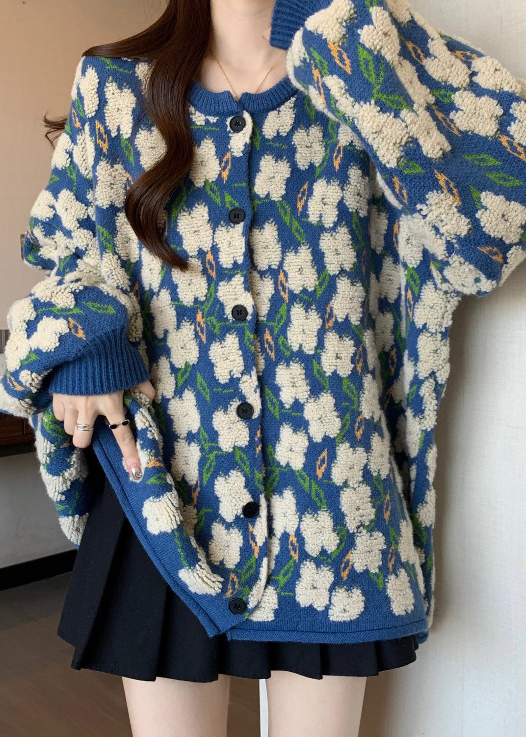 Loose Blue O Neck Jacquard Button Knit Coat Winter