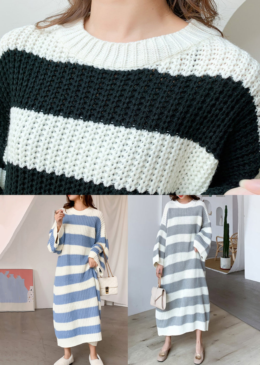 Loose Blue O Neck Striped Knit Sweater Dress Spring