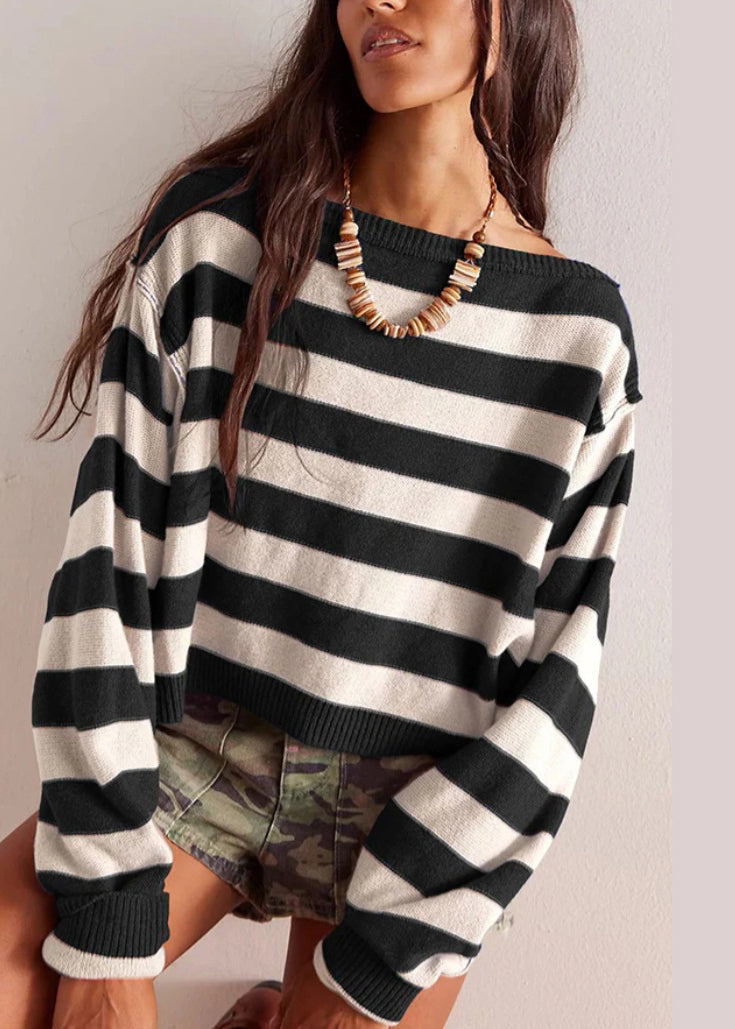 Loose Blue O Neck Striped Short Knit Pullover Fall