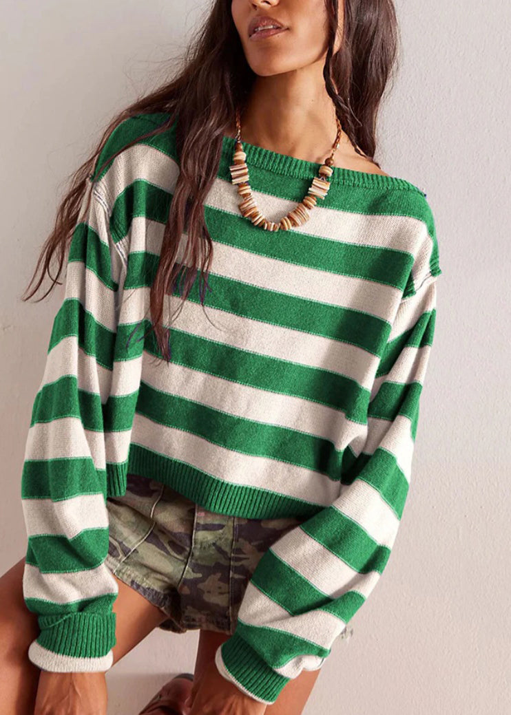 Loose Blue O Neck Striped Short Knit Pullover Fall