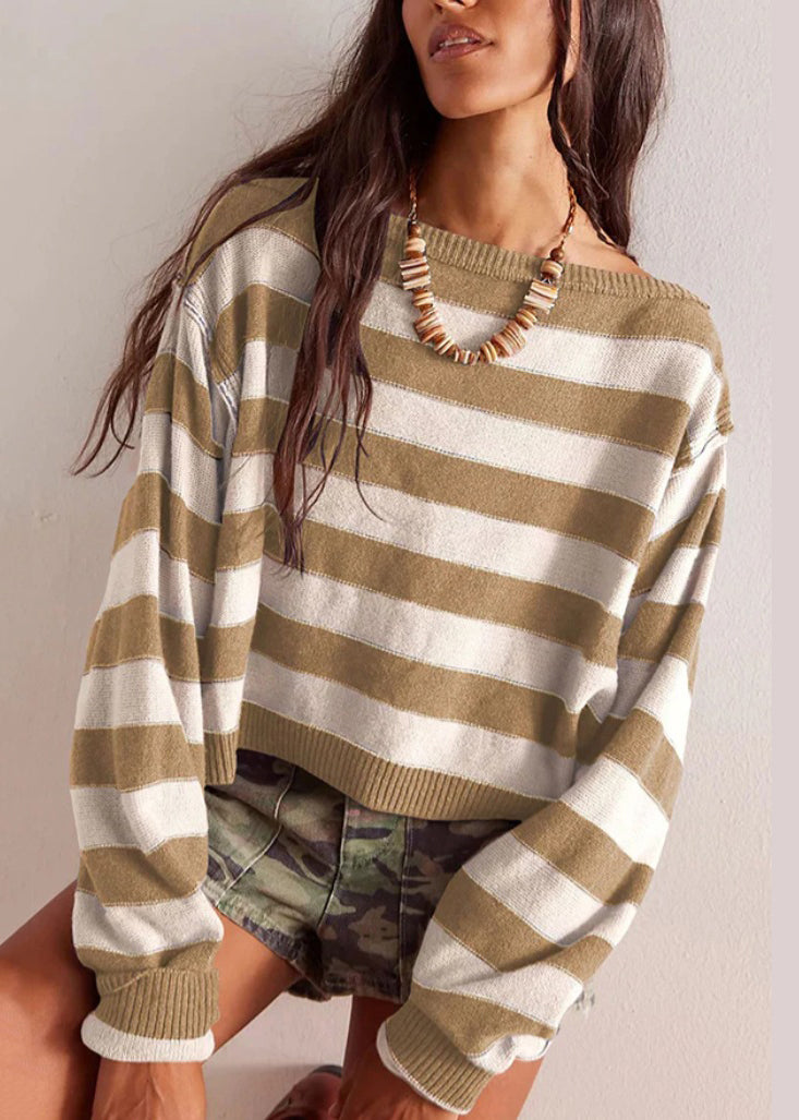 Loose Blue O Neck Striped Short Knit Pullover Fall