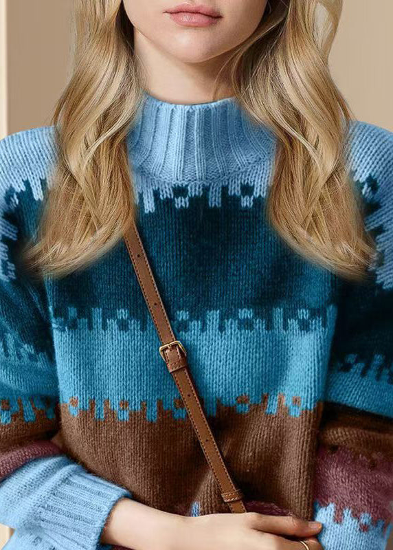 Loose Blue O Neck Thick Patchwork Knit Sweater Winter