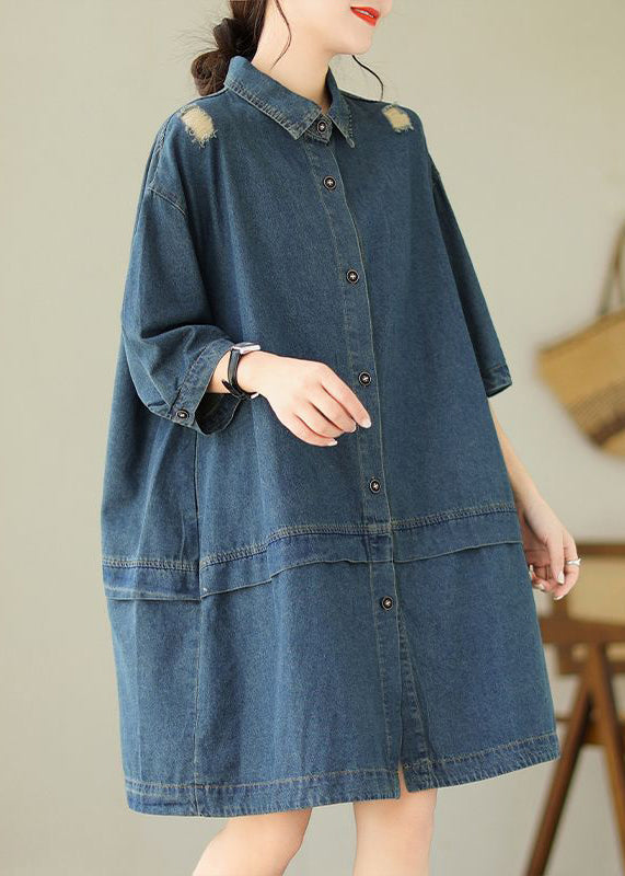 Loose Blue Peter Pan Collar Button Denim Mid Dress Half Sleeve