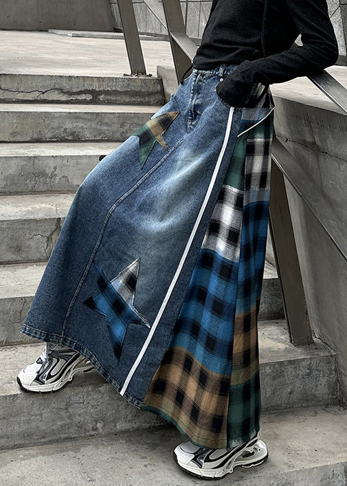 Loose Blue Plaid High Waist Patchwork Denim Skirt Spring