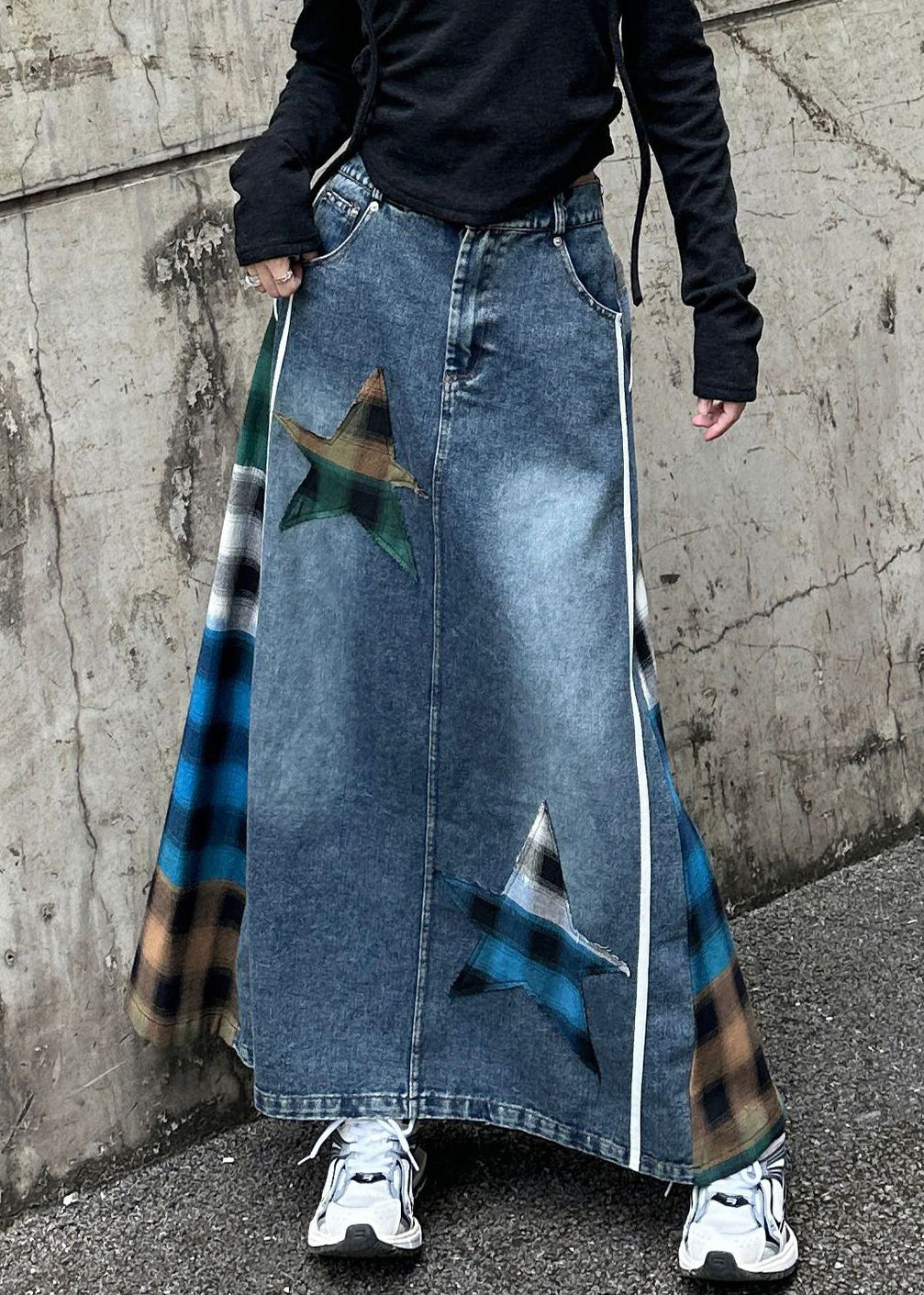 Loose Blue Plaid High Waist Patchwork Denim Skirt Spring