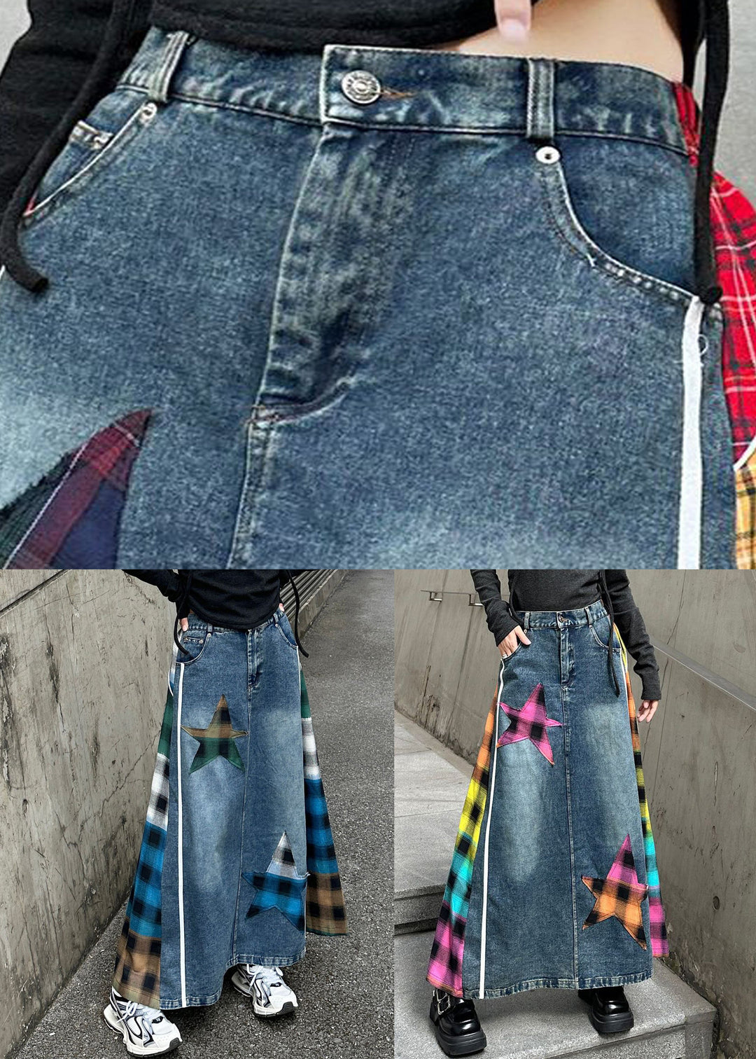 Loose Blue Plaid High Waist Patchwork Denim Skirt Spring