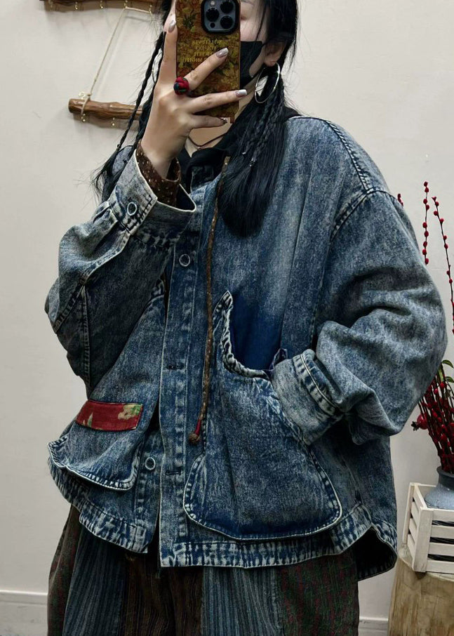 Loose Blue Pockets Patchwork Denim Short Coats Fall