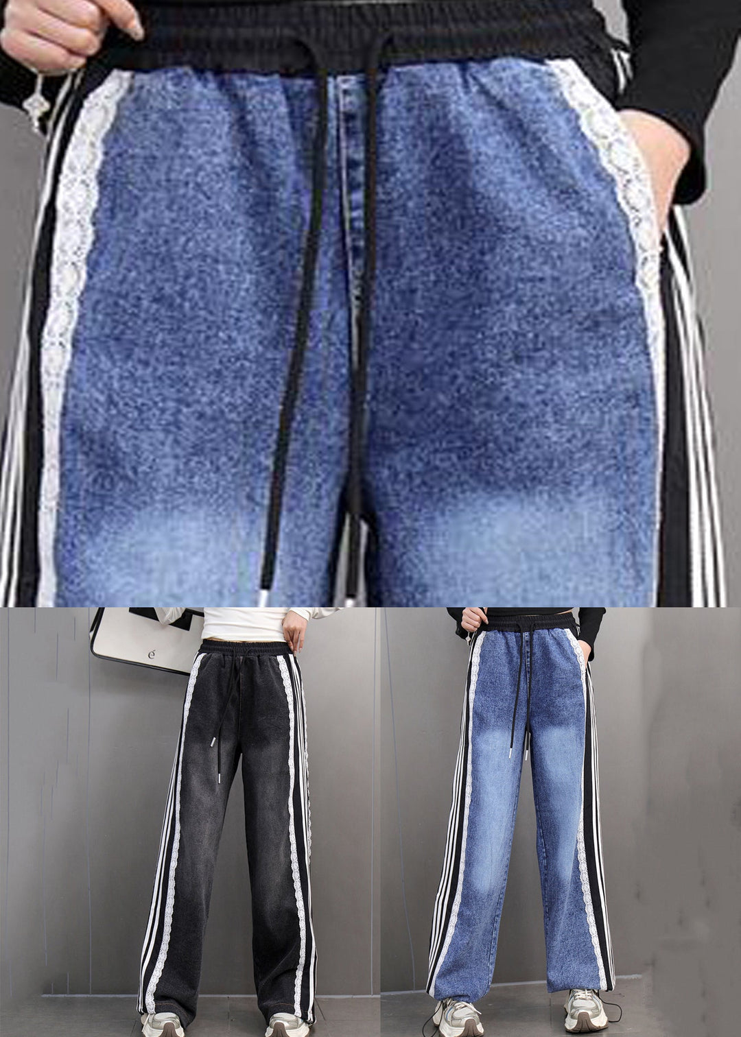 Loose Blue Pockets Patchwork High Waist Straight Denim Pants Spring