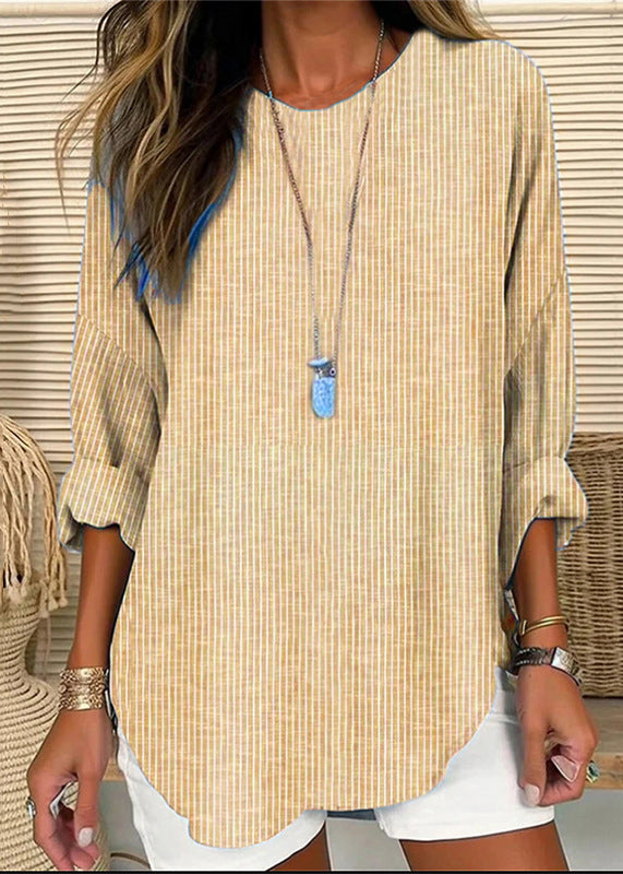 Loose Blue Striped O-Neck Patchwork Cotton Blouses Fall