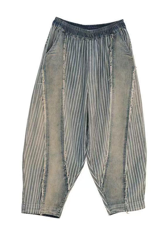 Loose Blue Striped Patchwork Denim Crop Pants Spring