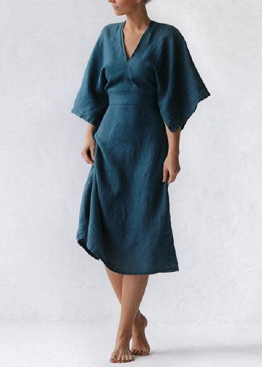 Loose Blue V Neck Tie Waist Linen Dress Summer