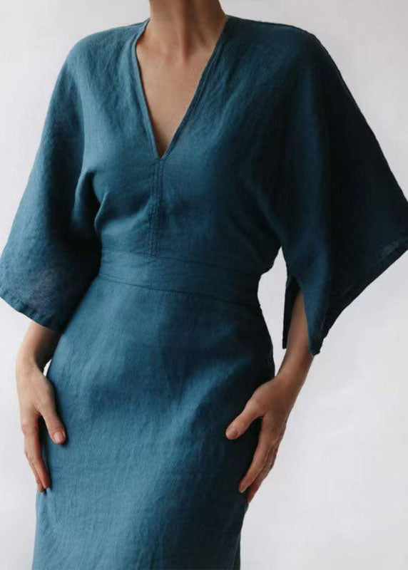 Loose Blue V Neck Tie Waist Linen Dress Summer