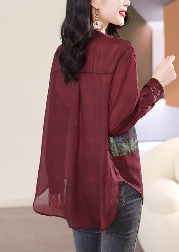 Loose Brick Red V Neck Print Side Open Chiffon Top Fall