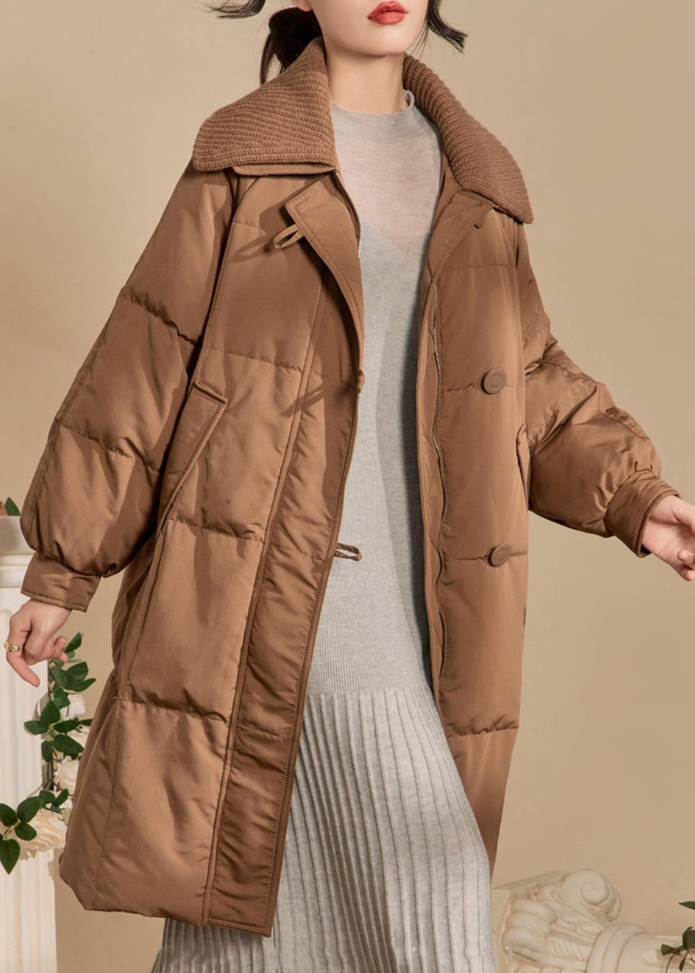 Loose Brown Button Pockets Knit Patchwork Parkas Winter