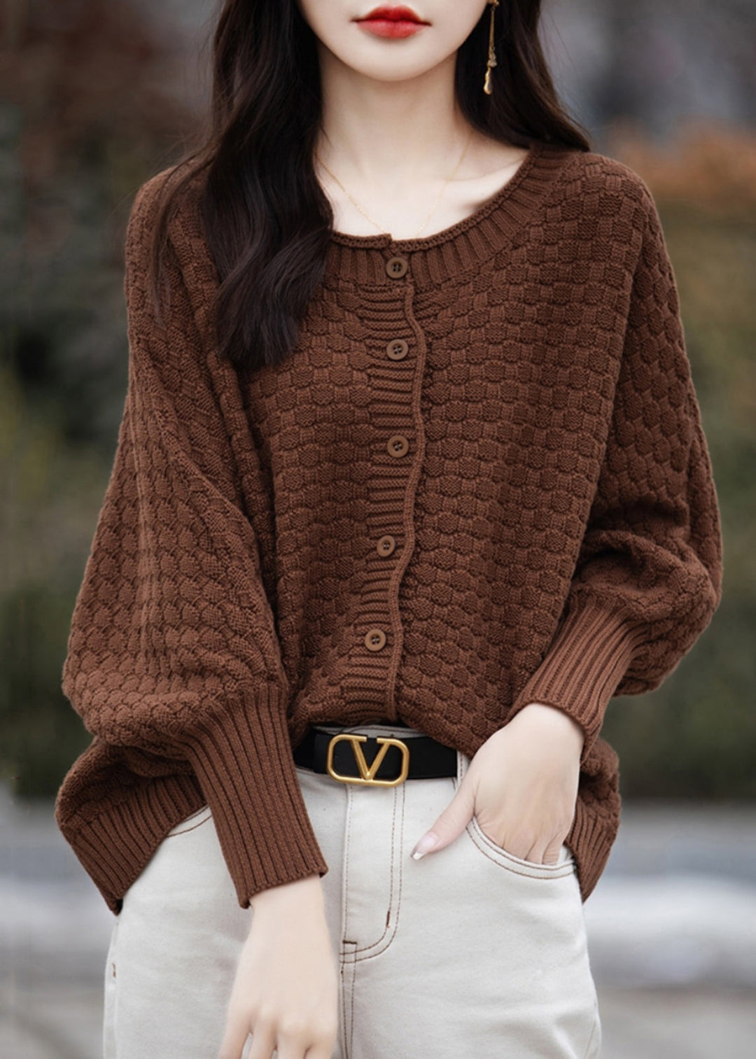 Loose Brown O Neck Button Cotton Knit Sweater Spring