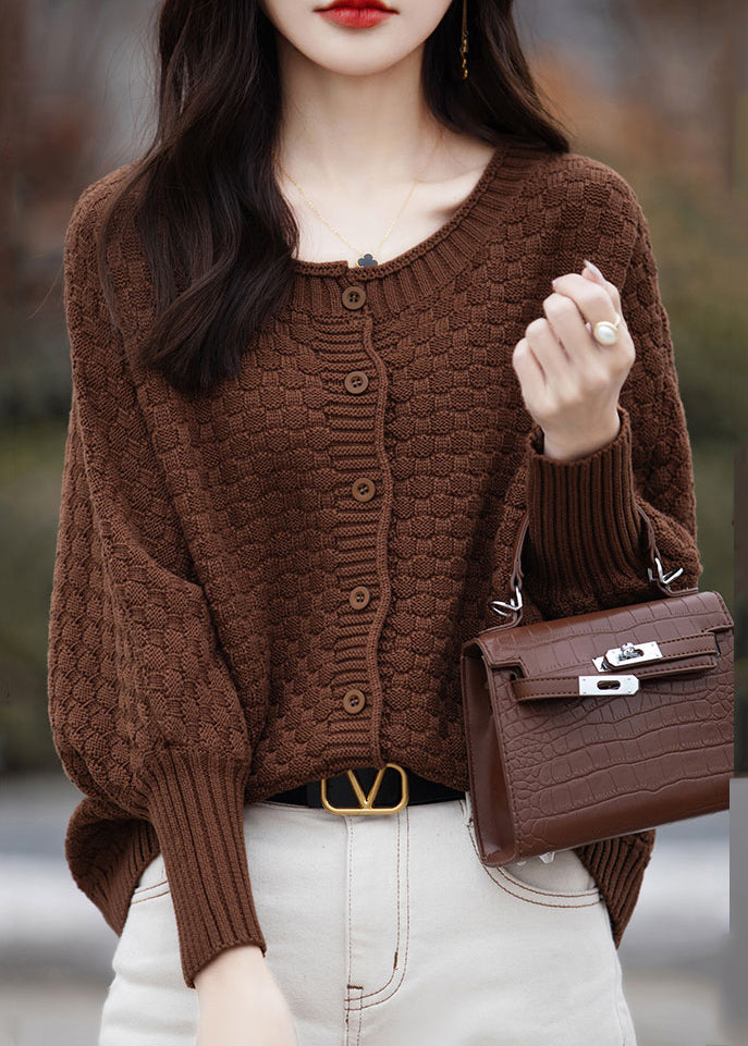 Loose Brown O Neck Button Cotton Knit Sweater Spring